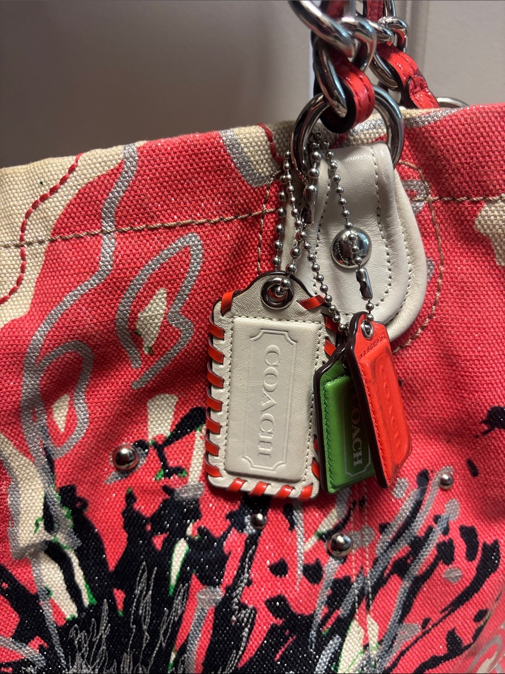 Coach Coral and Cream Floral Canvas Tote with Chain-Detail Straps - Picture 2 of 6